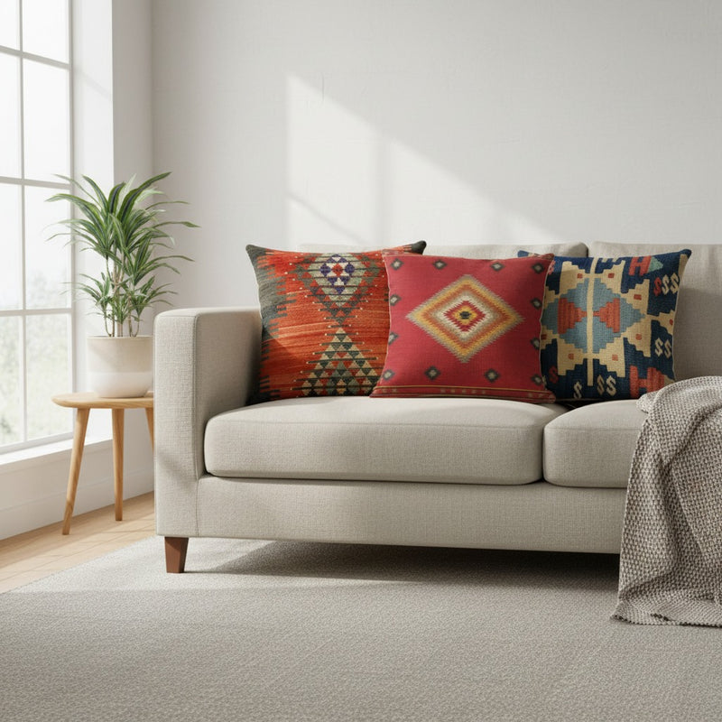 Coussins ethniques motifs Doux Chaman, Labyrinthe Amérindien et Lueur Zouloue sur un canapé en lin beige dans un salon lumineux