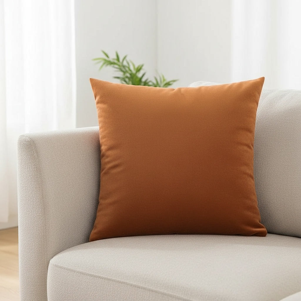Housse de coussin en velours orange 45x45 cm posée sur un canapé en lin beige