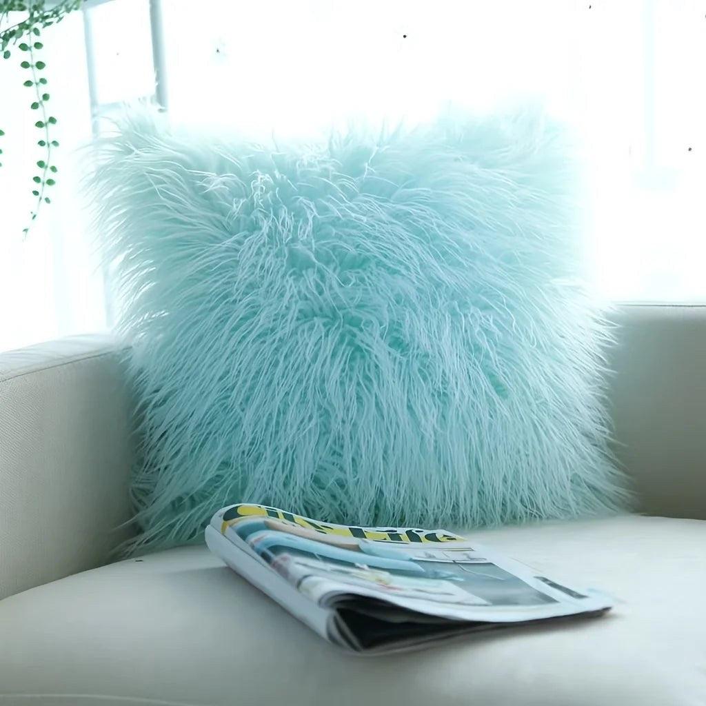 Housse de coussin fausse fourrure à poils longs bleu glacier