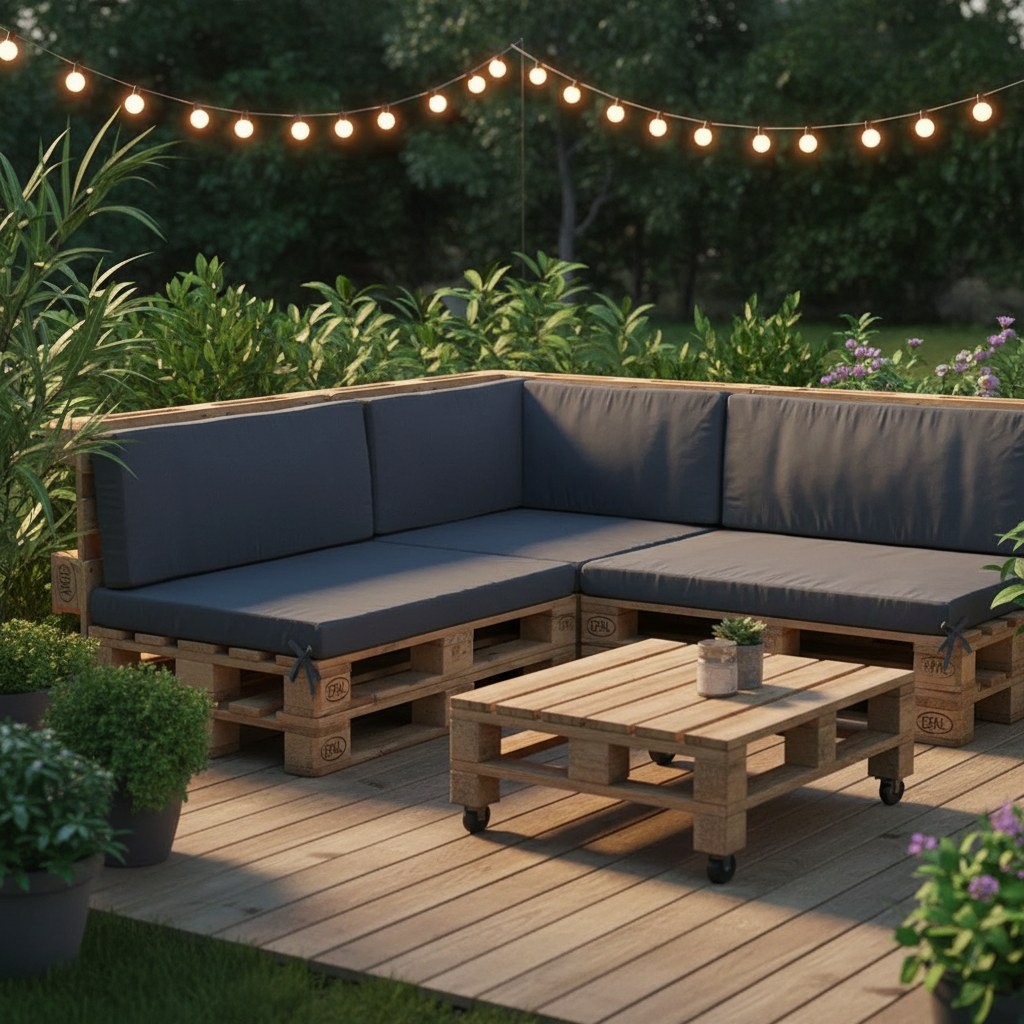 Salon de jardin d'angle en palettes habillé de coussins gris