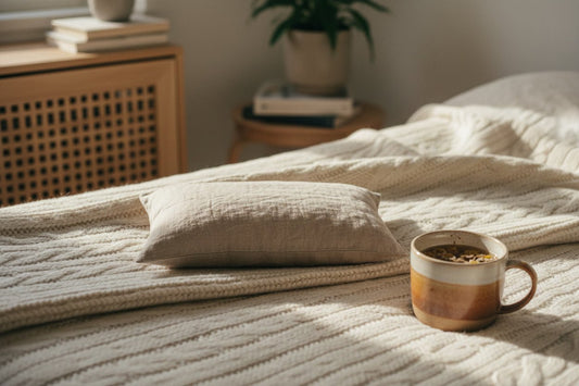 Bouillotte sèche en lin remplie de graines de lin posée sur un lit, à côté d'une tasse de tisane