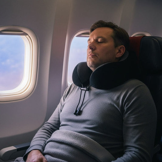 Passager endormi en avion près du hublot, un coussin de voyage noir autour du cou