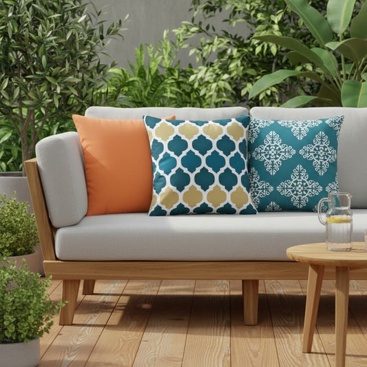 Housses de coussin d'extérieur orange, arabesque bleu et jaune et médaillon bleu canard sur un canapé de jardin en teck