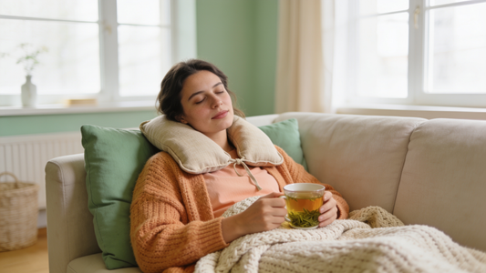 Femme détendue sur un canapé avec un coussin chaud aux graines de lin posé sur la nuque et les épaules