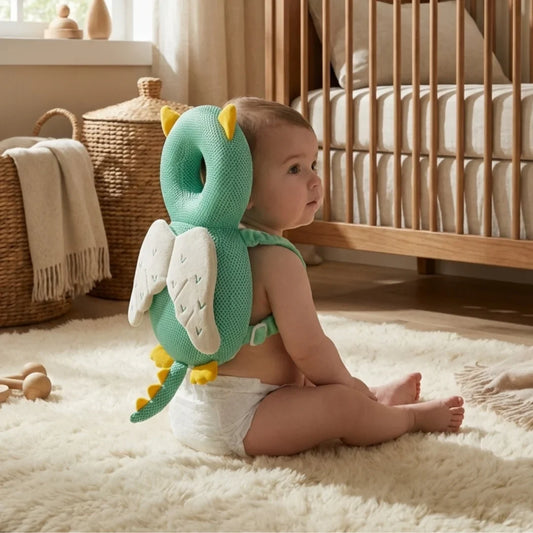 Bébé assis sur un tapis dans sa chambre, un coussin anti-chute vert porté sur le dos