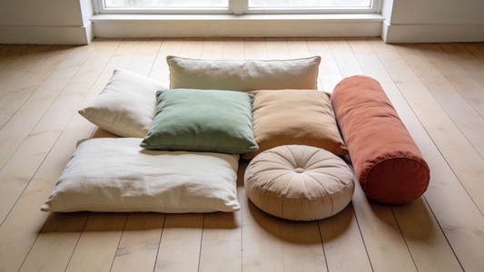 Différents coussins vus du dessus sur un parquet : carré, rectangulaire, rond, traversin et coussin de sol