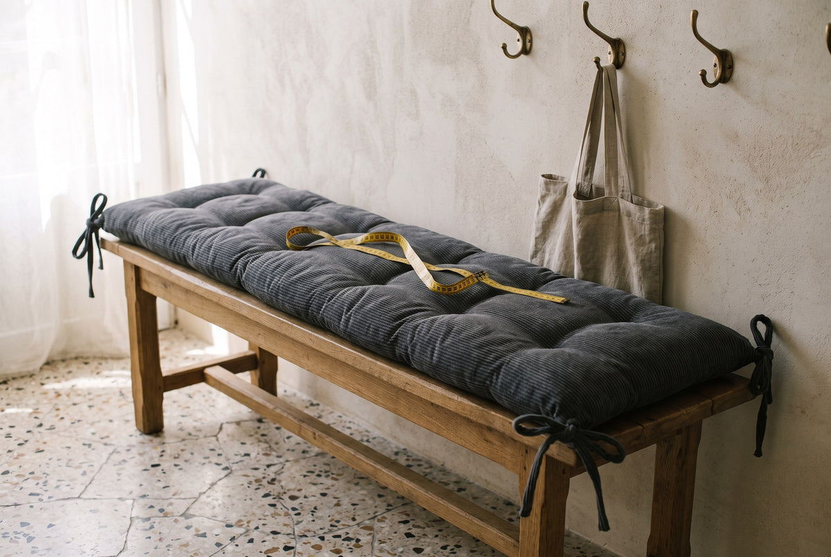 Coussin de banc sur mesure en velours côtelé gris anthracite, avec lanières, sur un banc en chêne dans une entrée