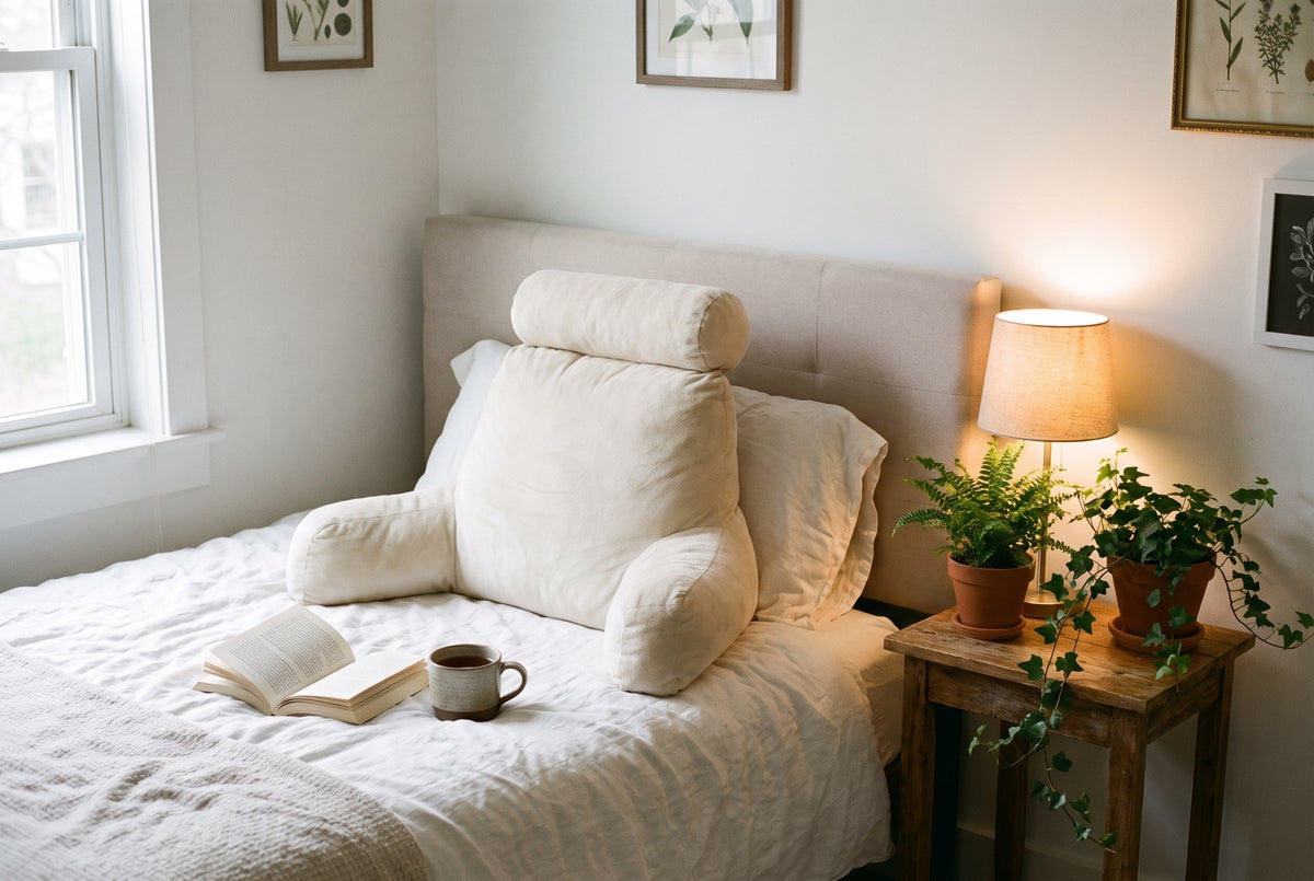 Coin lecture : coussin de lecture ivoire avec accoudoirs posé contre la tête de lit, livre et tasse de thé