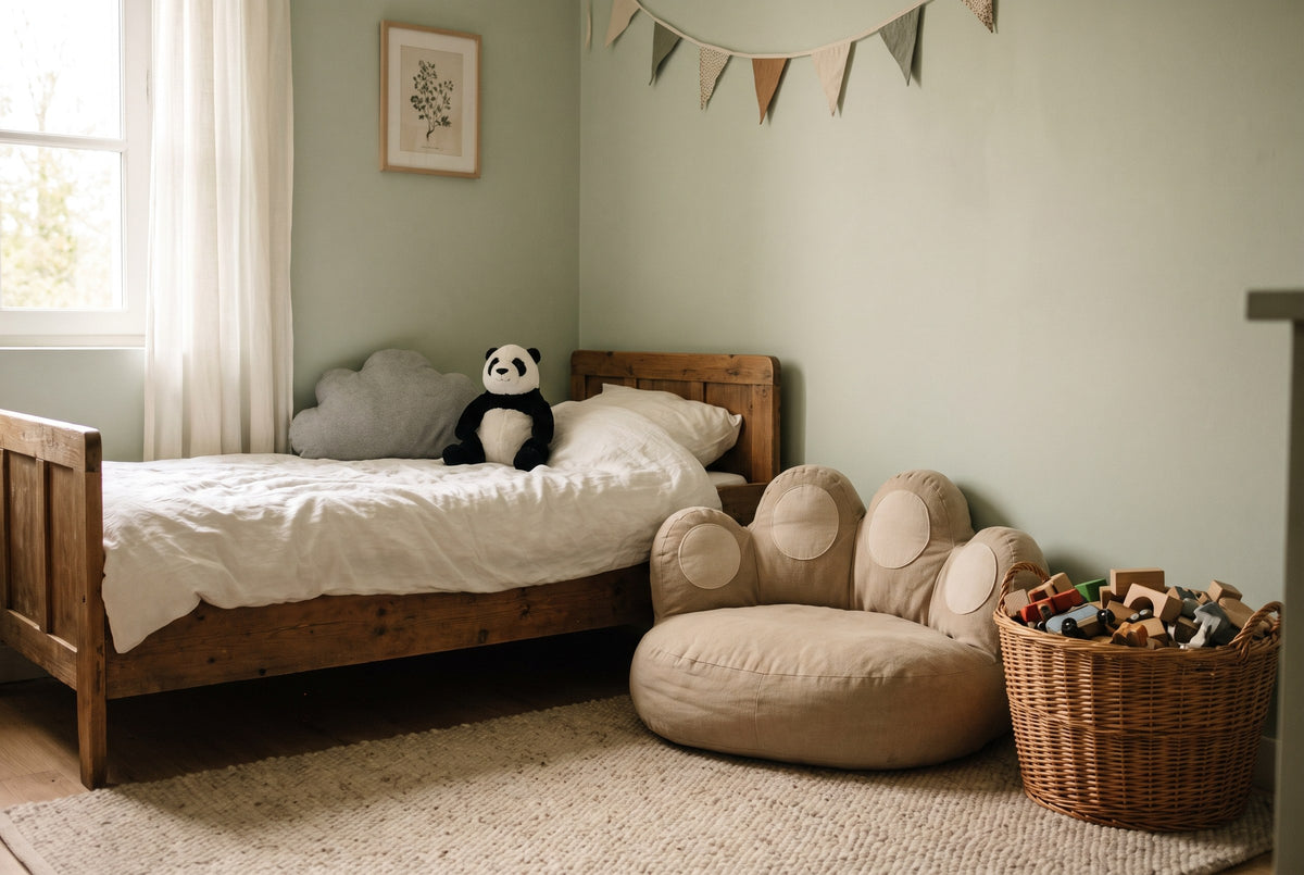 Chambre d'enfant avec un coussin nuage, un coussin peluche panda et un coussin de sol patte de chat