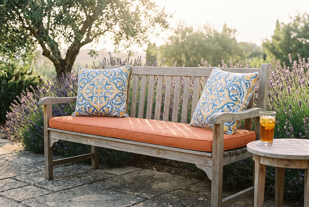 Banc de jardin en teck avec un coussin de banquette orange et des coussins d'extérieur à motifs, sur une terrasse en pierre