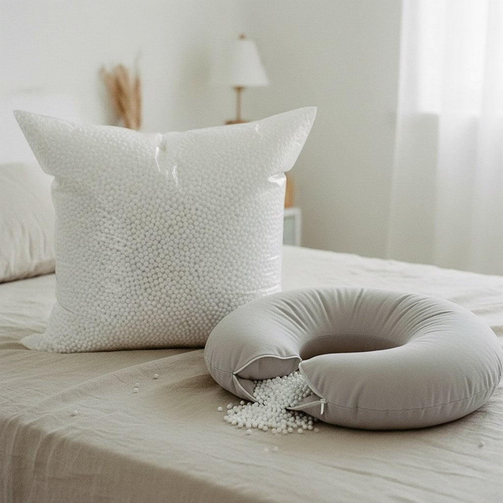 Sac de billes de polystyrène et coussin d'allaitement ouvert sur un lit, prêt à être regarni