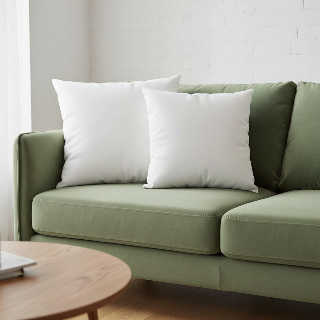 Coussins 50 x 50 cm blancs en coton sur un canapé en velours vert sauge