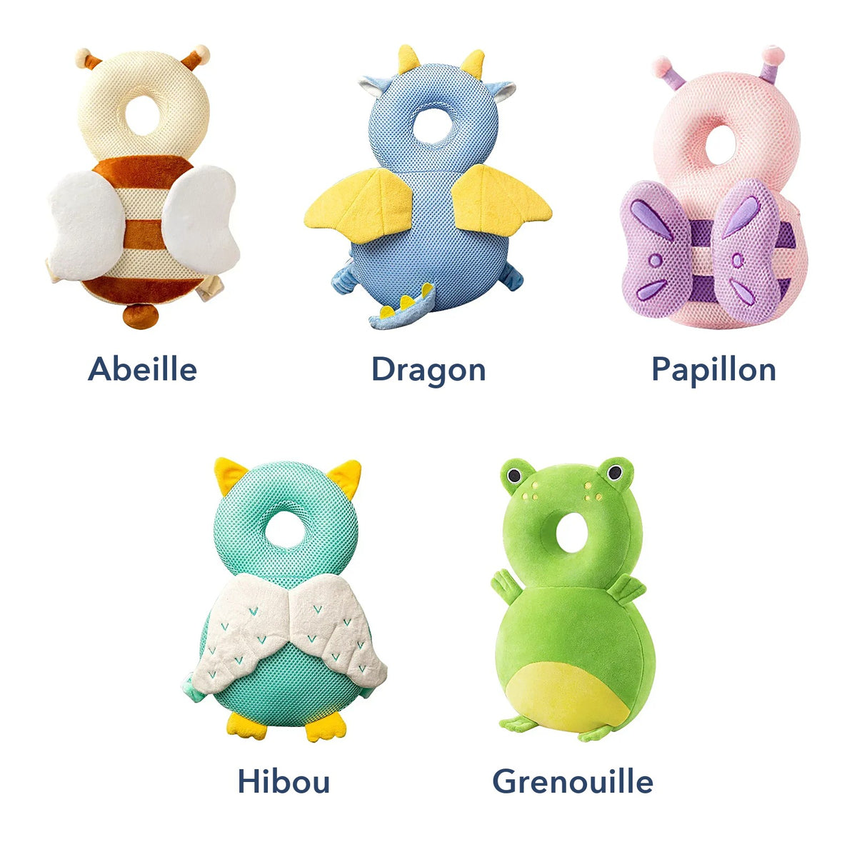 Les 5 modèles de coussin anti-chute bébé : Abeille, Dragon, Papillon, Hibou et Grenouille