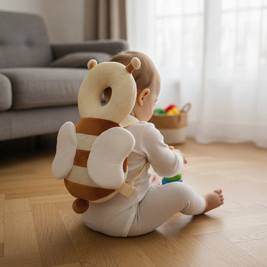 Bébé assis sur le parquet avec le coussin anti-chute Abeille sur le dos