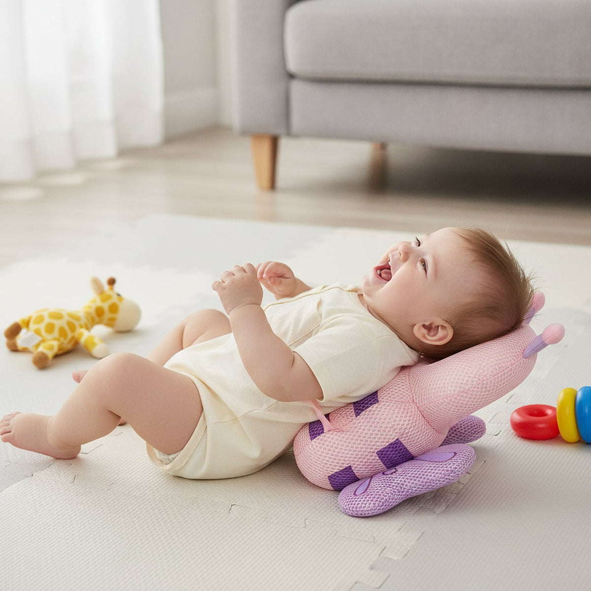 Bébé tombé en arrière sur un tapis de jeu, la tête amortie par l'anneau du coussin anti-chute Papillon