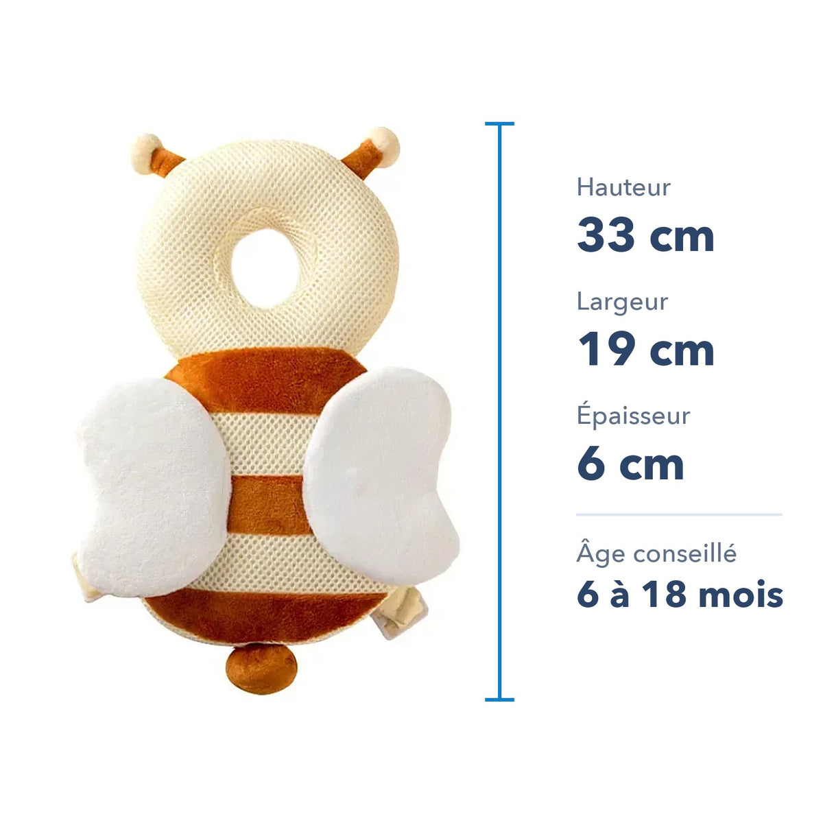 Dimensions du coussin anti-chute bébé : 33 x 19 x 6 cm, de 6 à 18 mois