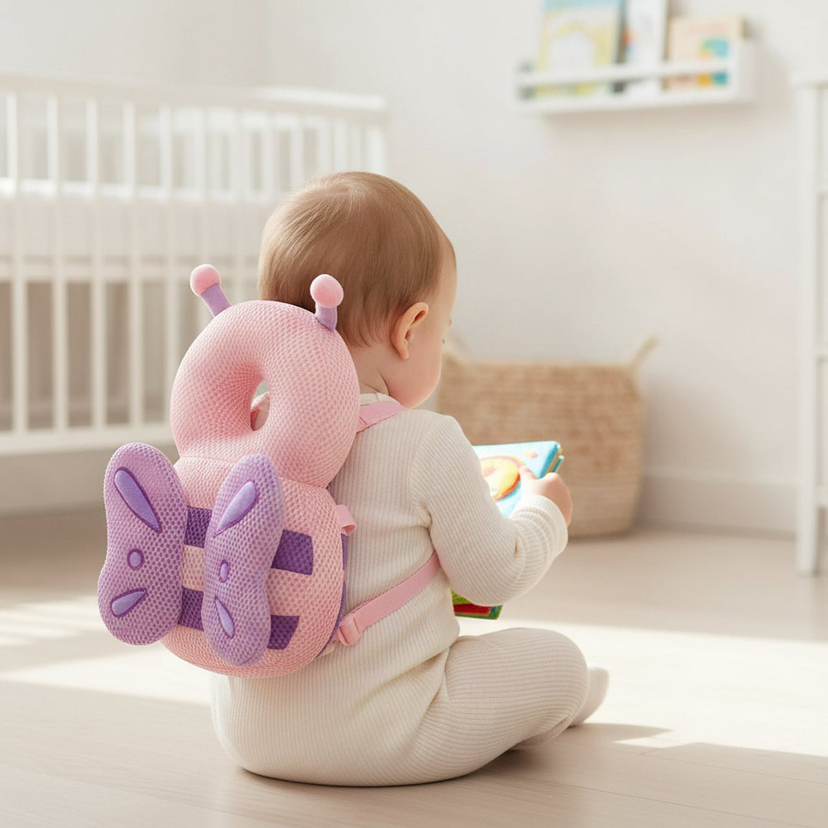 Bébé assise dans sa chambre avec le coussin anti-chute Papillon sur le dos