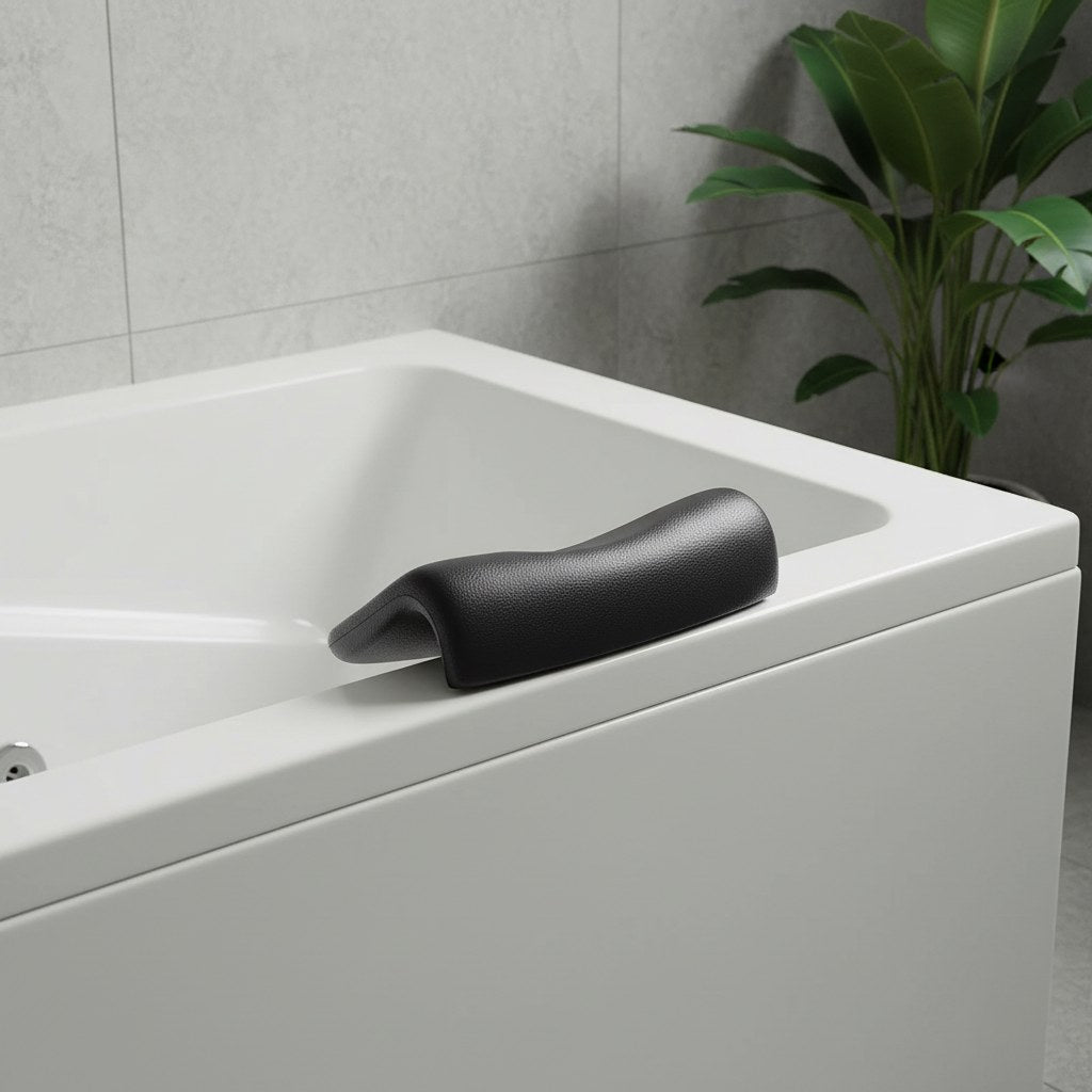 Appui-tête de bain noir posé sur le rebord d'une baignoire encastrée