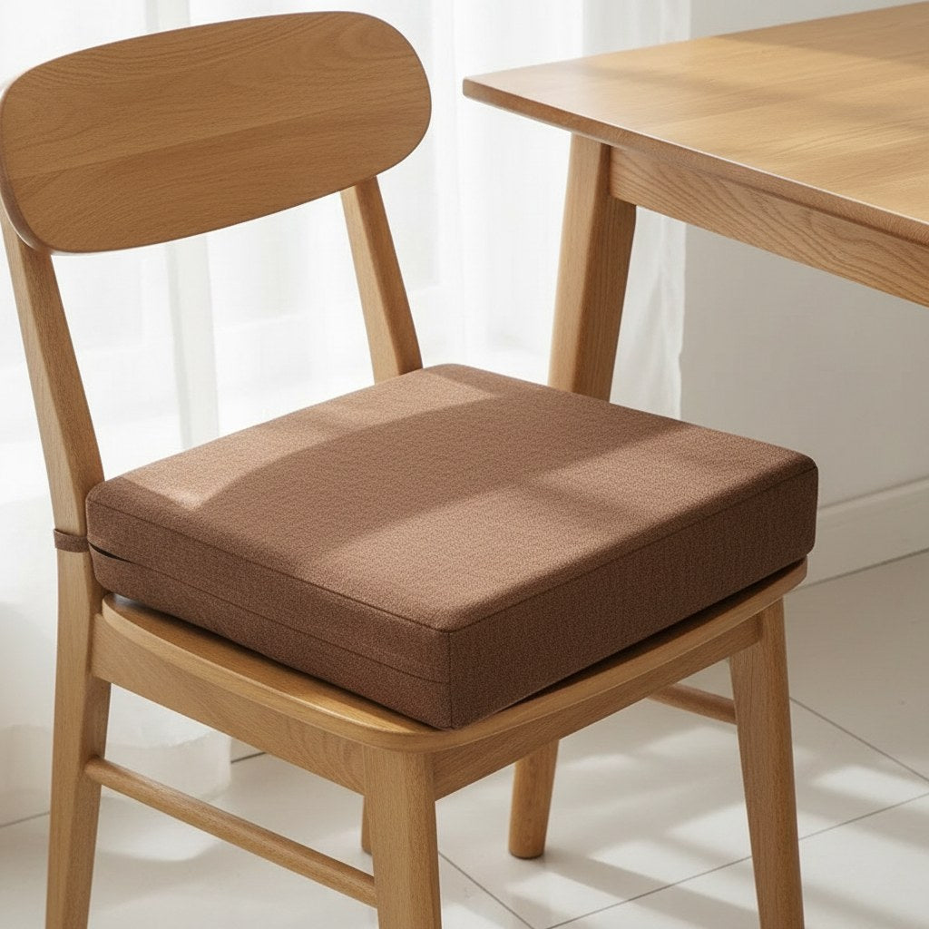 Coussin d'assise café posé sur une chaise en bois clair