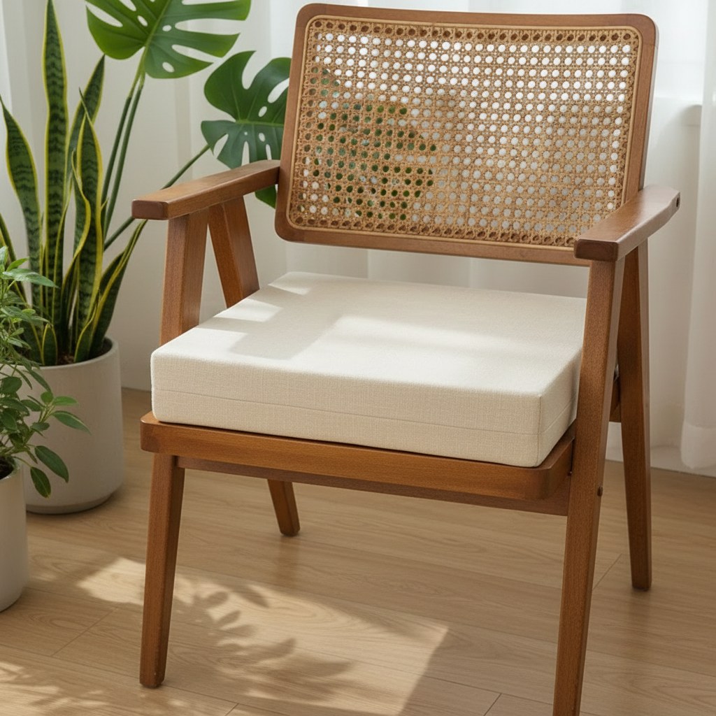 Coussin d'assise beige de 8 cm sur un fauteuil en bois au dossier cannage