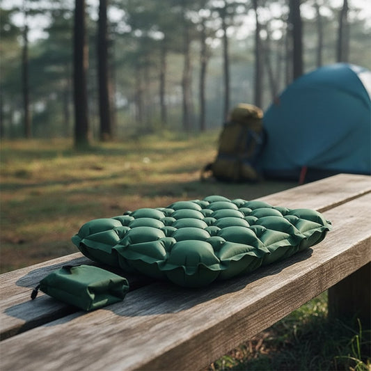 Coussin d'assise gonflable vert sur un banc de camping, avec sa pochette de rangement