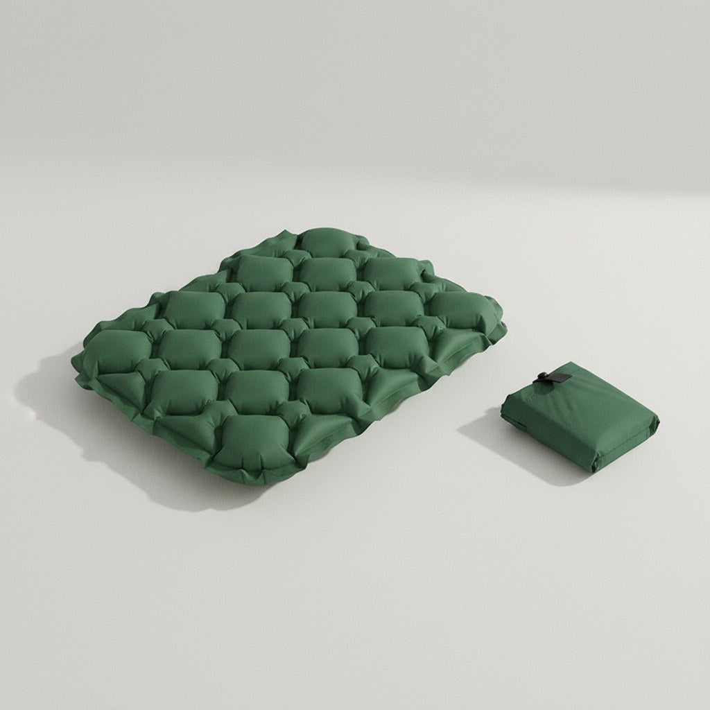 Coussin d'assise gonflable vert à alvéoles et sa petite pochette de rangement
