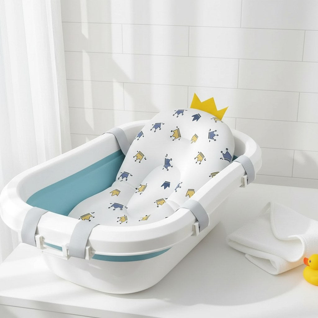 Coussin de baignoire pour bébé motif couronnes fixé dans une baignoire bébé