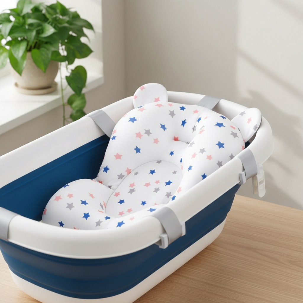 Coussin de baignoire pour bébé motif étoiles dans une baignoire bébé grise