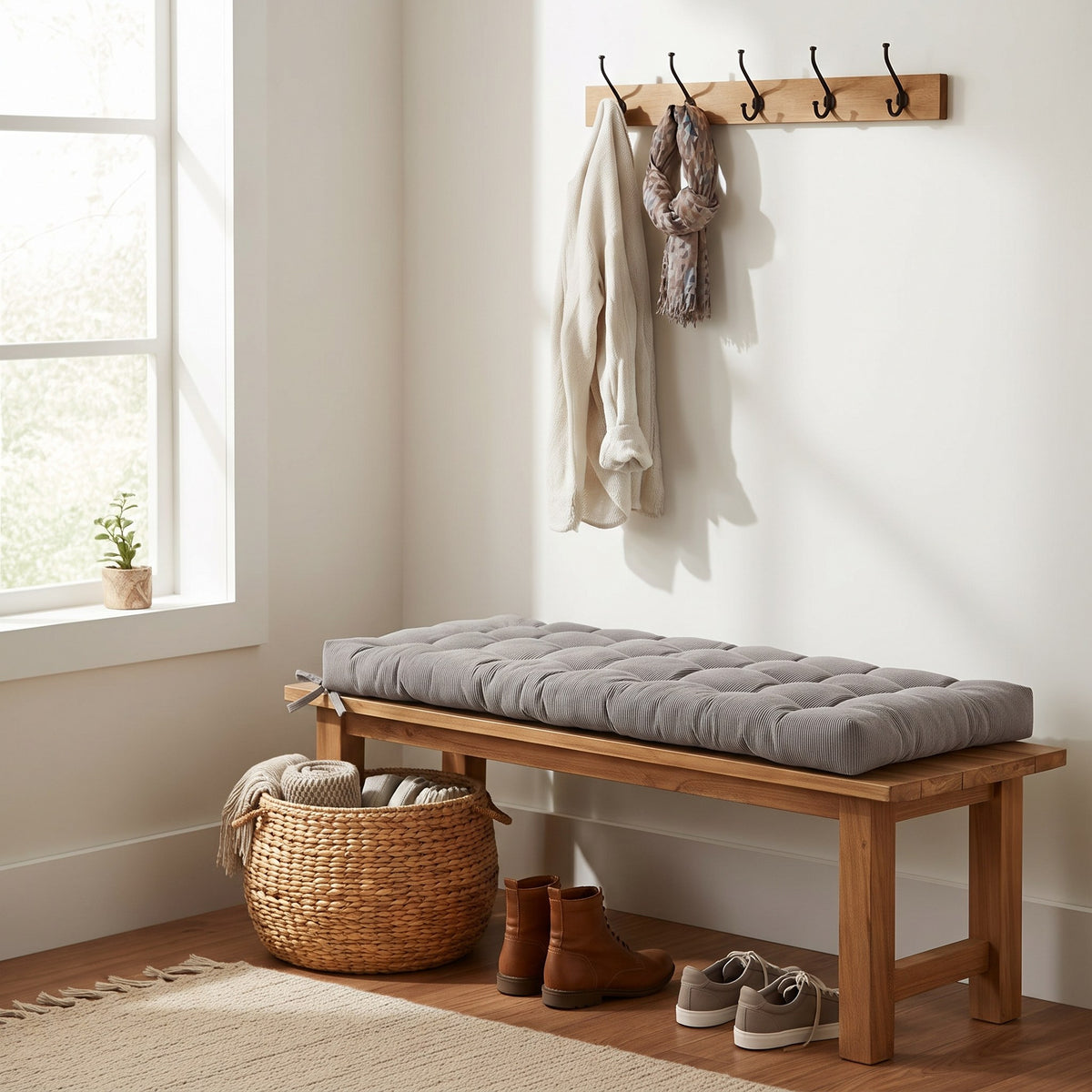 Coussin pour banc sur mesure en velours côtelé gris, capitonné, sur un banc d'entrée en chêne