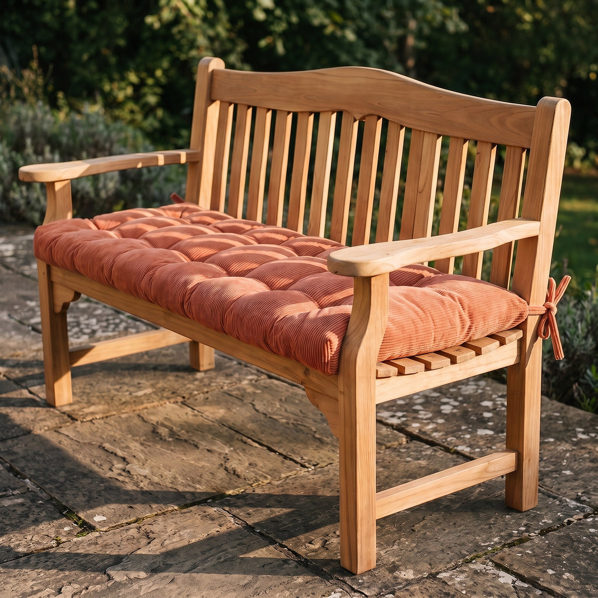 Coussin pour banc sur mesure en velours côtelé orange abricot, capitonné, épaisseur 9 cm, avec attaches, sur un banc de jardin en bois