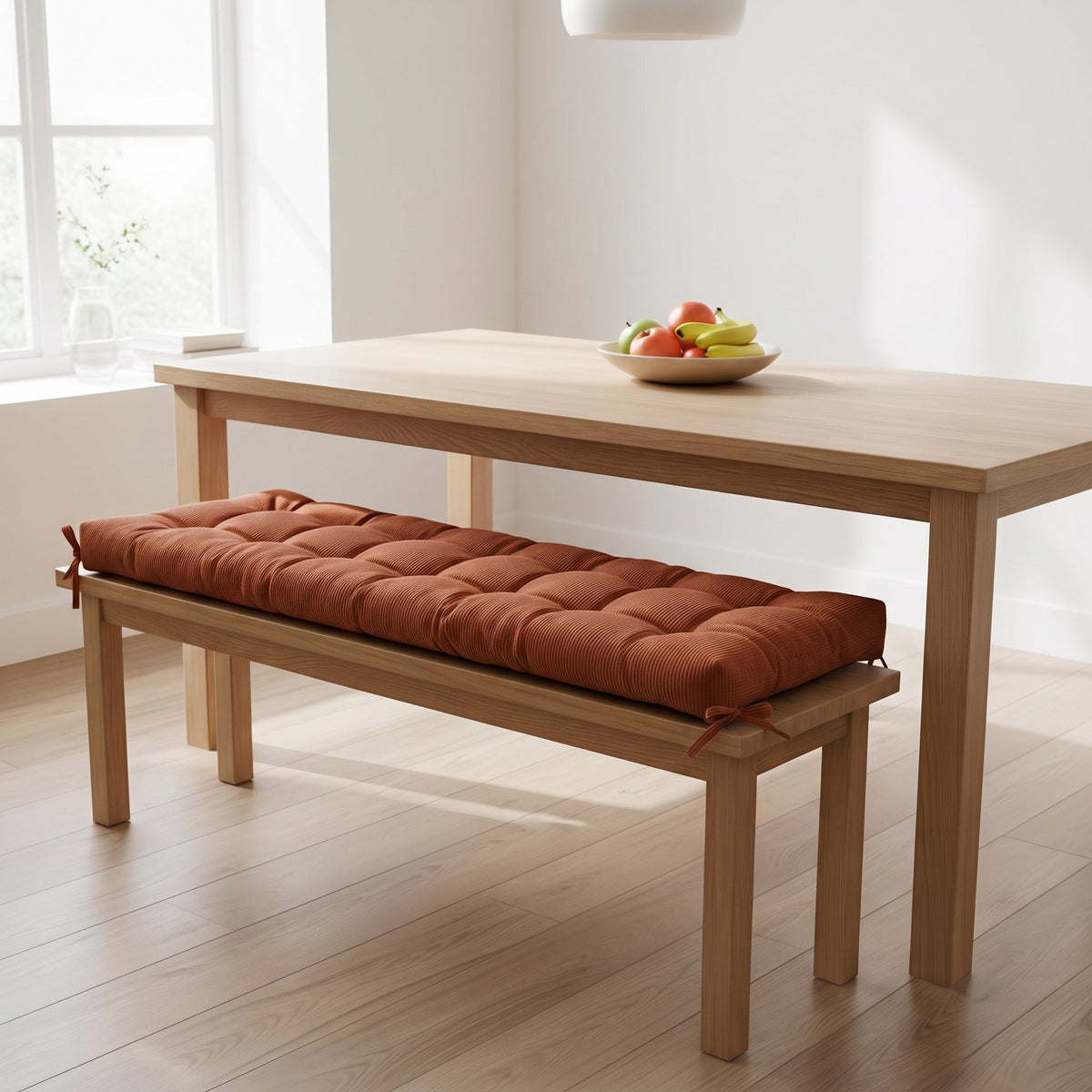 Coussin pour banc sur mesure en velours côtelé brun cannelle, capitonné, sur un banc de salle à manger en chêne