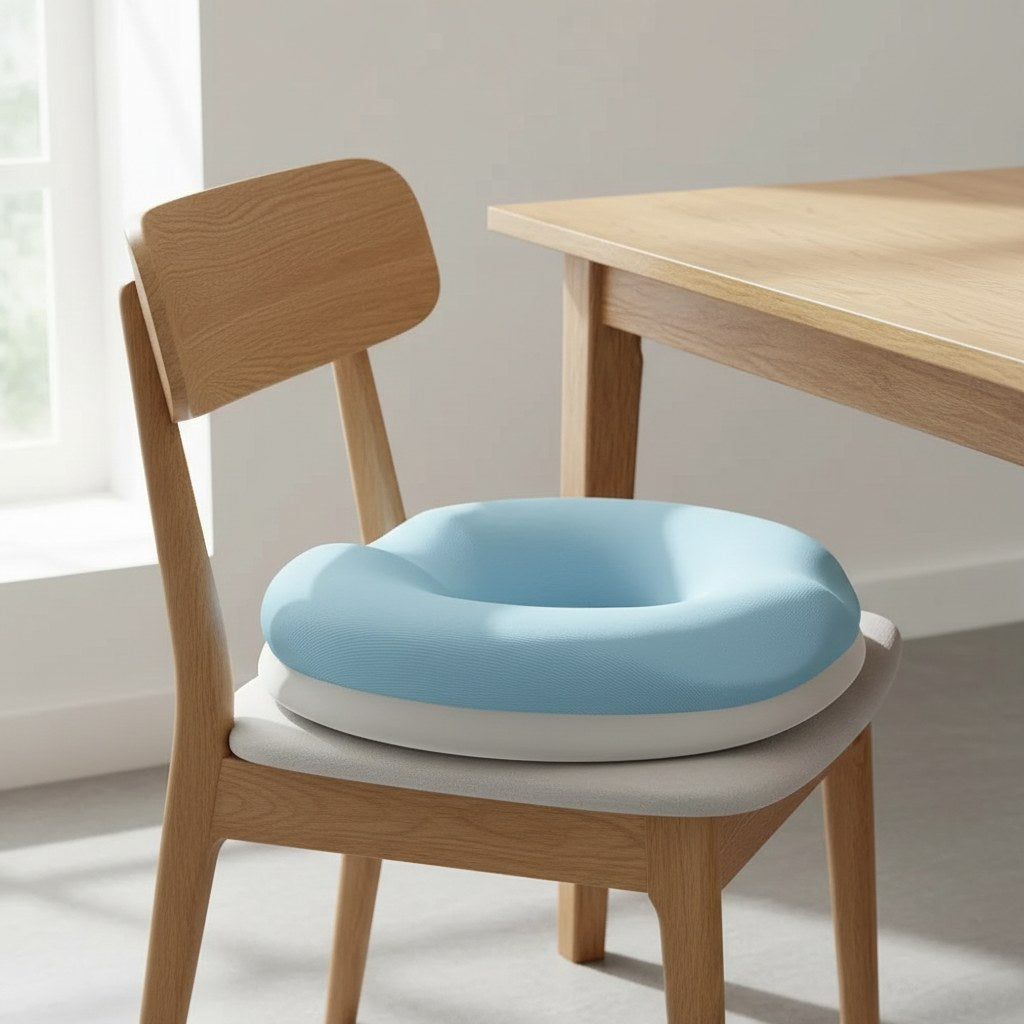 Coussin bouée d'assise bleu ciel sur une chaise en bois