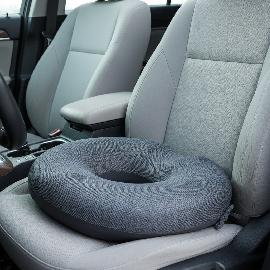 Coussin bouée d'assise gris posé sur le siège conducteur d'une voiture