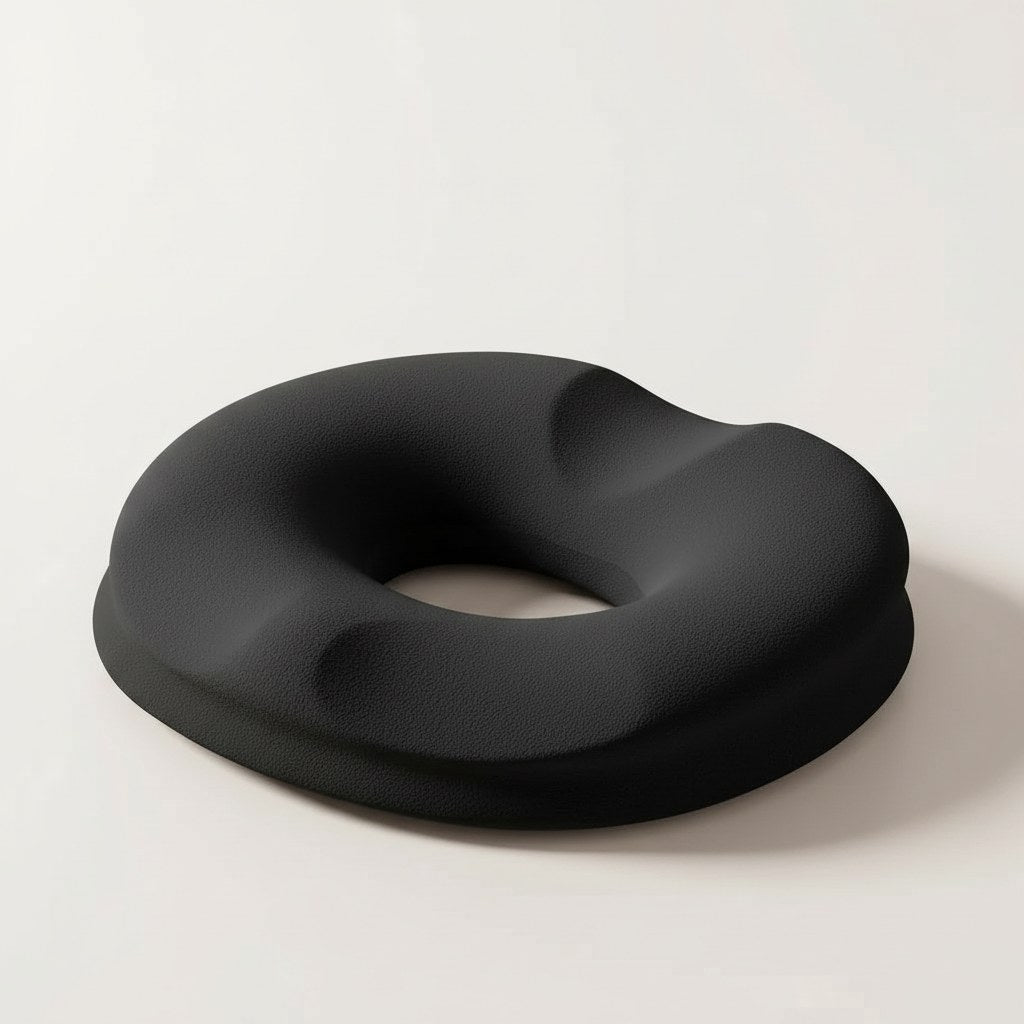 Coussin bouée en mousse à mémoire de forme noir, vue de trois quarts avec son ouverture centrale