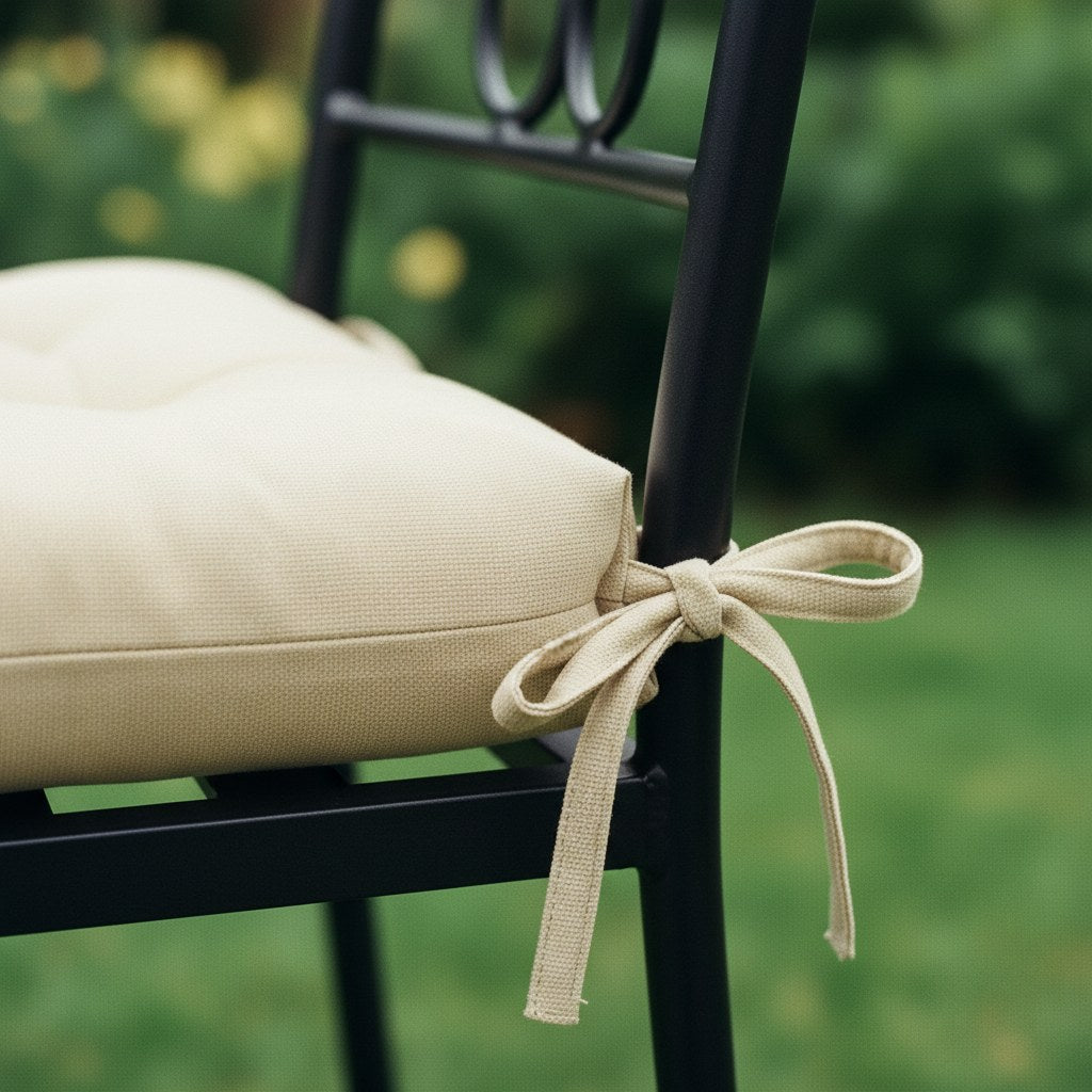 Détail de l'attache du coussin nouée à la chaise en fer forgé