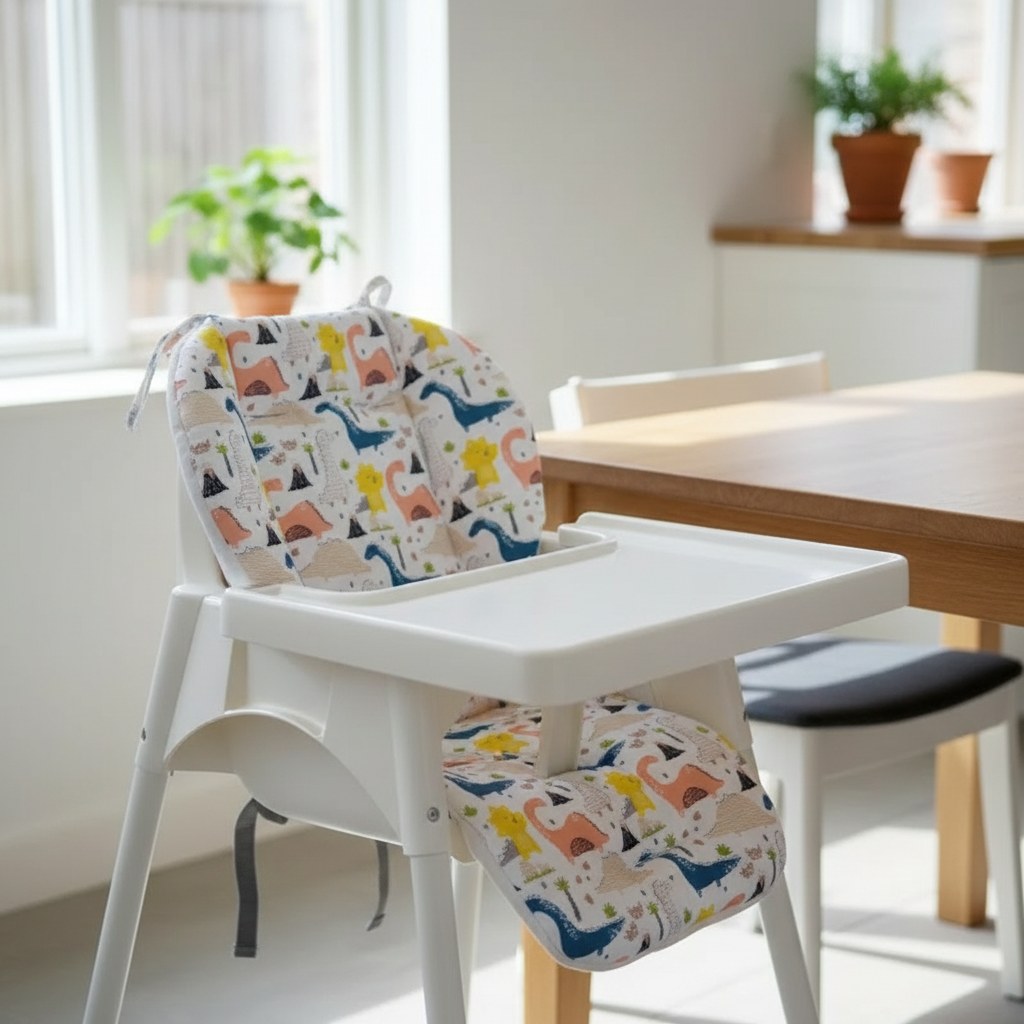 Coussin de chaise haute motif dinosaures installé sur une chaise haute en bois blanc