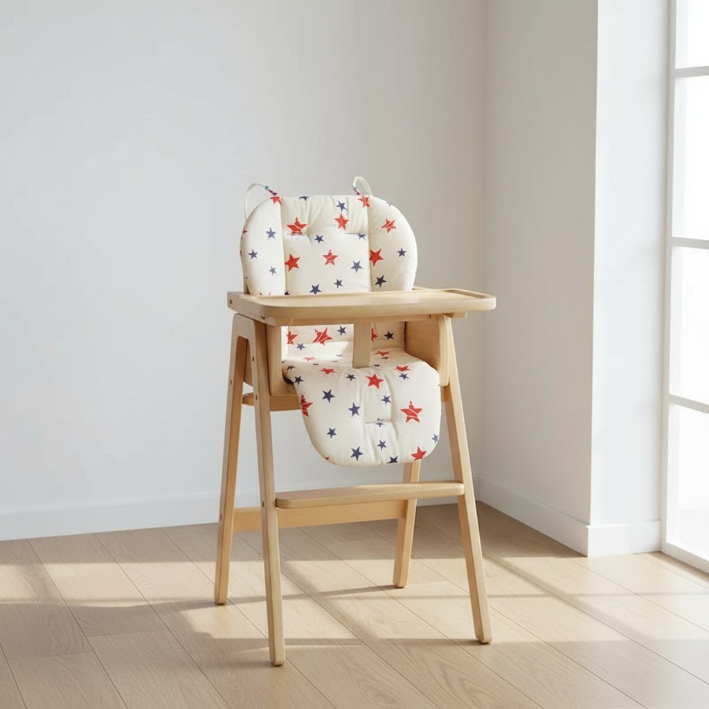 Coussin de chaise haute motif étoiles sur une chaise haute en bois naturel