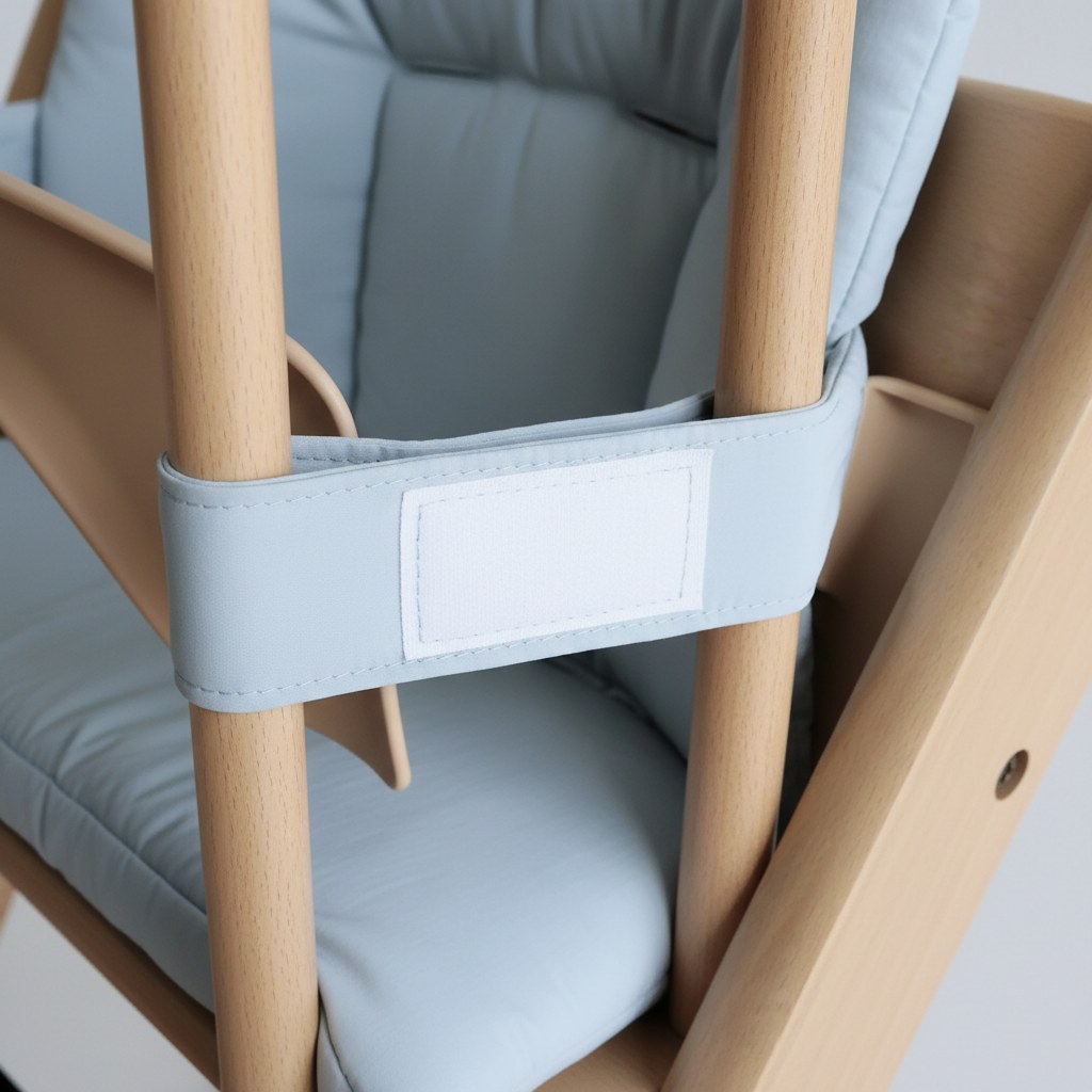 Bande élastique de fixation du coussin enroulée autour du dossier en bois de la chaise haute