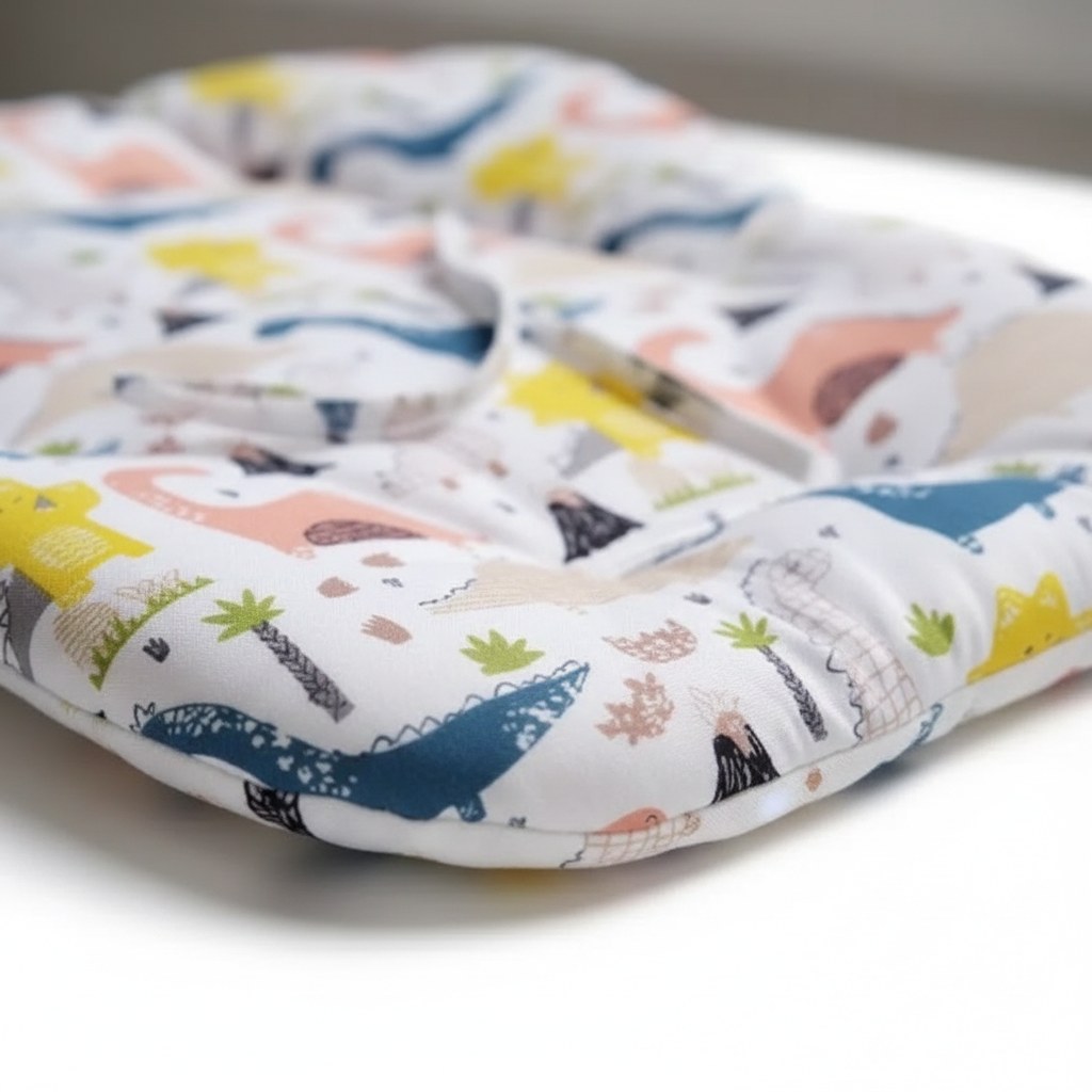 Détail du tissu matelassé et d'une attache du coussin de chaise haute