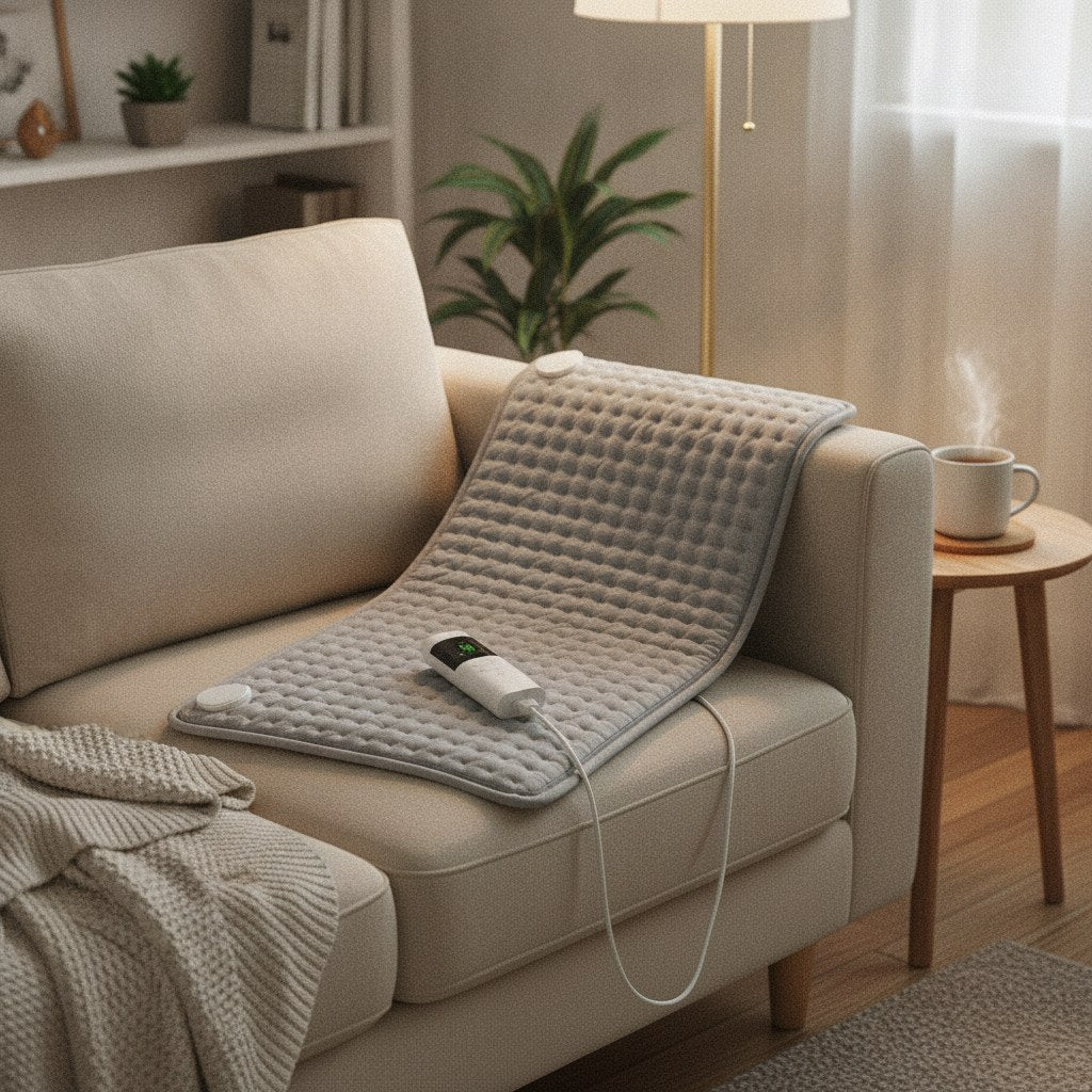 Coussin chauffant électrique gris posé sur un canapé avec sa commande, près d'un plaid et d'une tasse de thé