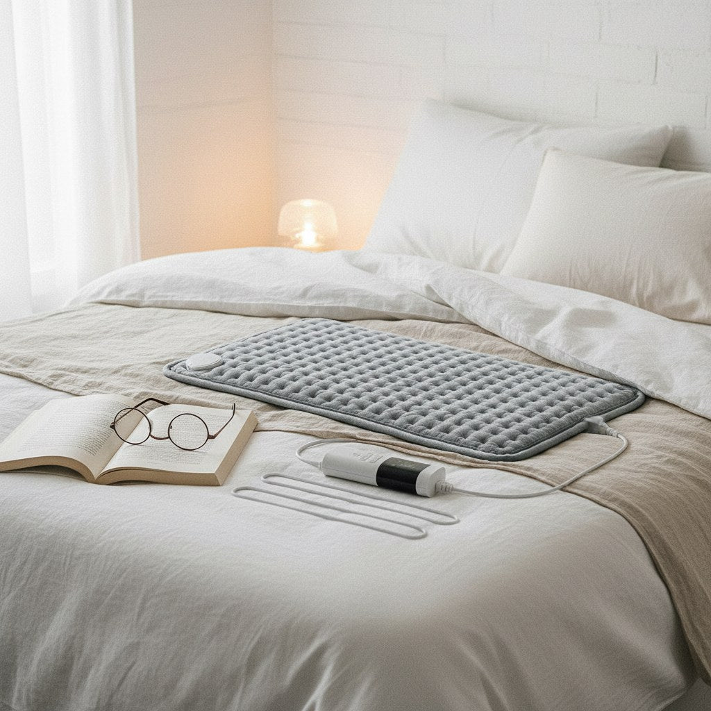 Coussin chauffant électrique gris sur un lit, à côté d'un livre et de lunettes