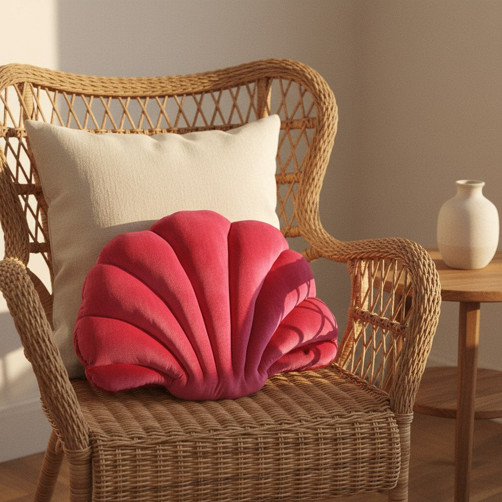 Coussin coquillage en velours rose fuchsia dans un fauteuil en rotin