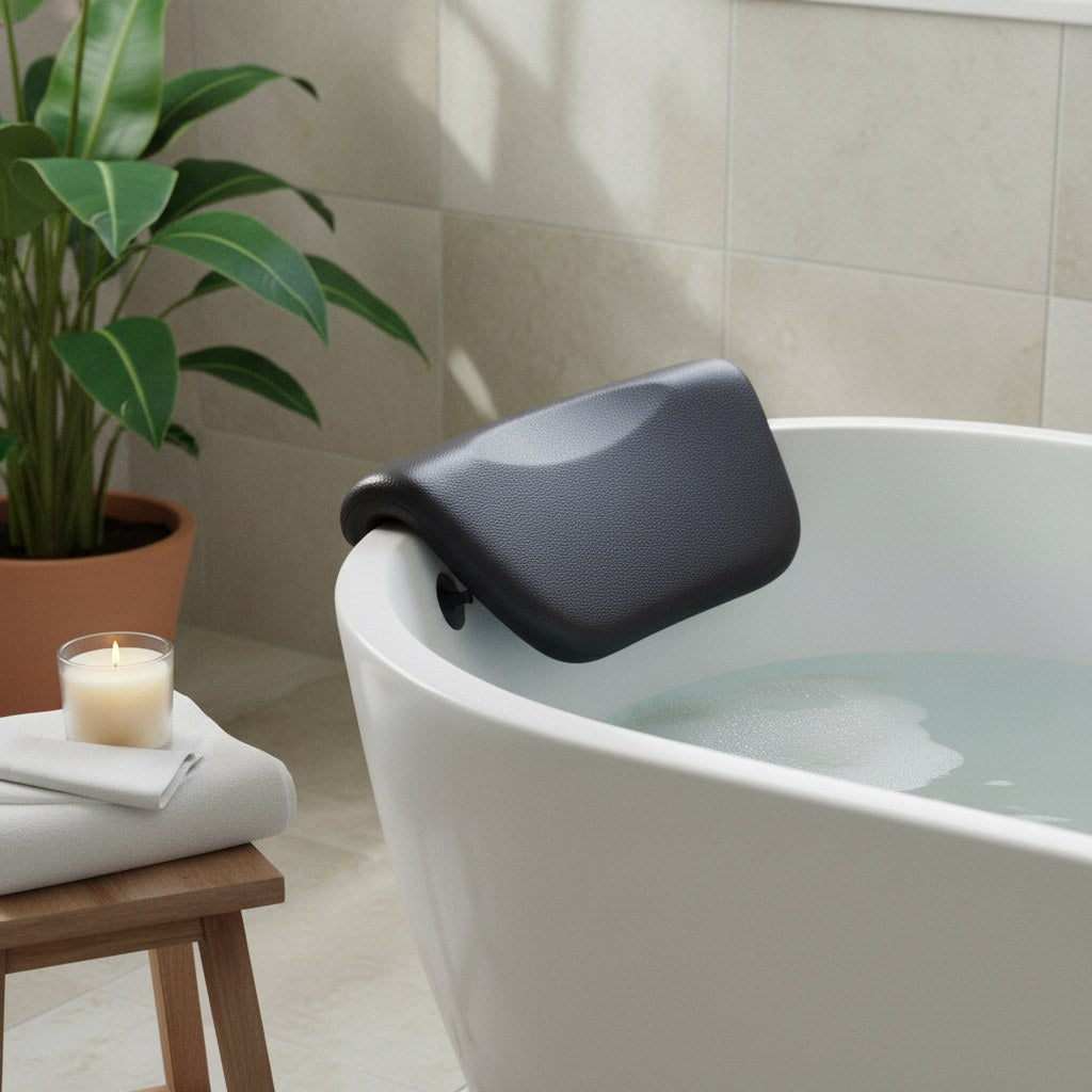 Coussin de bain noir fixé au rebord d'une baignoire îlot, avec une bougie et une serviette