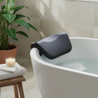 Coussin de bain noir fixé au rebord d'une baignoire îlot, avec une bougie et une serviette