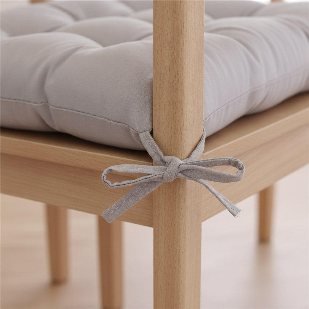 Attache en tissu du coussin de chaise nouée au pied d'une chaise en bois