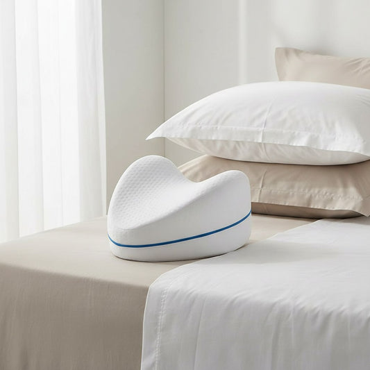 Coussin de genoux en mousse à mémoire de forme posé sur un lit