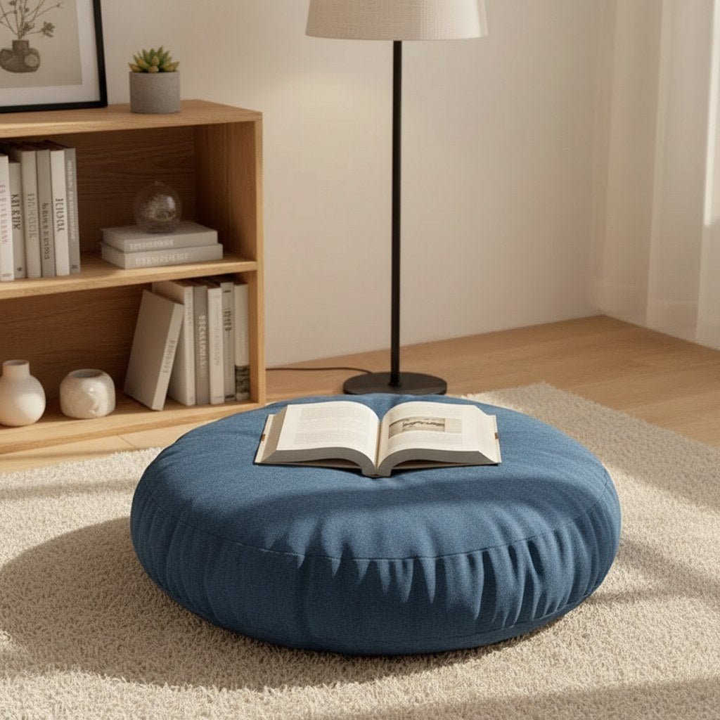 Coussin de sol bleu dans un coin lecture, un livre posé dessus