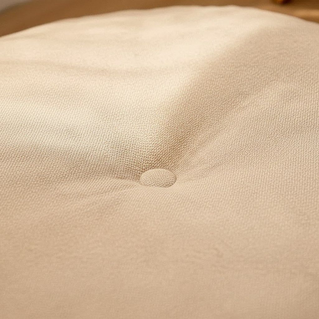 Détail du bouton central et du tissu aspect lin du coussin de sol