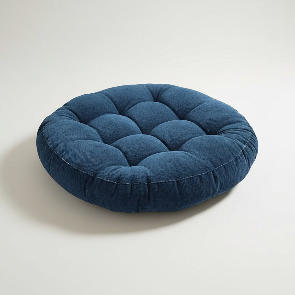 Coussin de sol rond capitonné en velours côtelé bleu