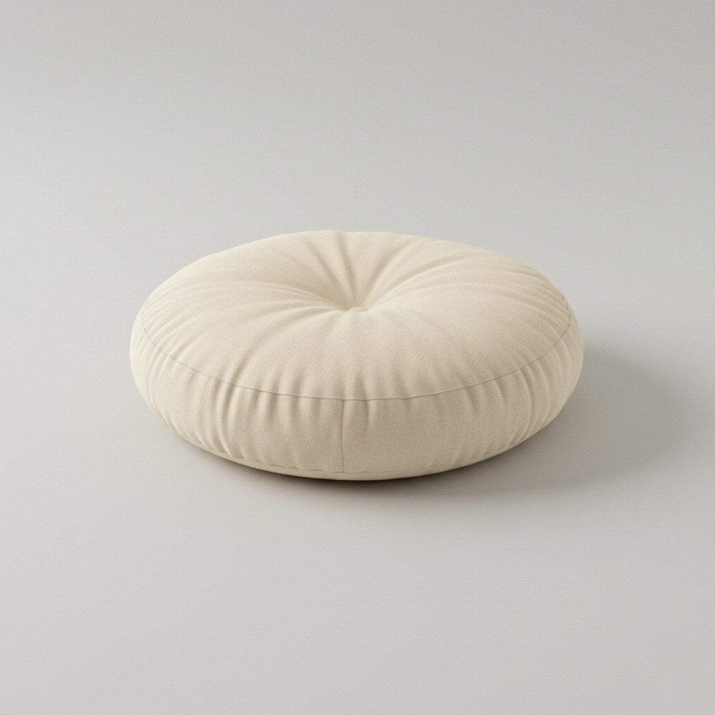 Coussin de sol rond style futon japonais crème, avec bouton central